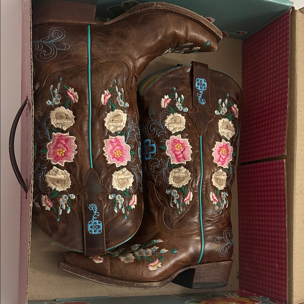 Macie Bean Kids Brown Floral Embroidered Western Cowgirl Boots - Picture 2 of 3